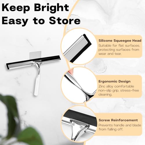 10 Inch Stainless Steel Shower Squeegee for Glass Doors, with 1 Hooks 1 Screwdriver, Bathroom Tool Household Window Mirror Squeegee, for Tile Wall, Car, Silver