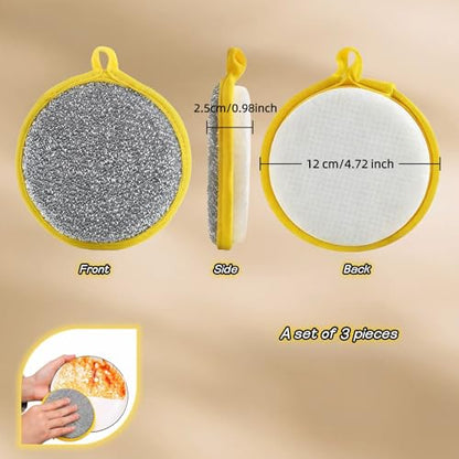 Double Sided Kitchen Sponges for Dishes, Round Scrubbing Pads with Steel Wire Nylon and High Elasticity Sponge, Non Scratch Cleaning Pads with Hanging Loop for Dishes, Pots, Sinks & Bathroom