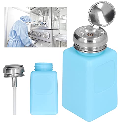 Solvent Dispenser, 200ml Push Down Alcohol Dispenser Pump Bottle ESD Anti Static Square Bottle with Stainless Steel Lid Liquid Pumping Empty Cap for Alcohol Makeup Remover (Blue)