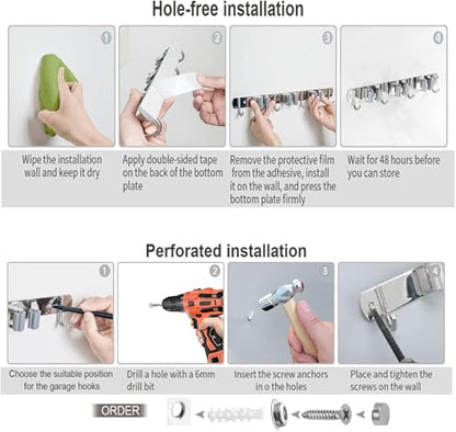 Broom and Mop Holder Wall Mounted, Broom Hanger Storage Rack, Stainless Steel Mop Hanger, Dustpan Holders with 2 Racks and 3 Hooks, Heavy Duty utility hooks for hanging brooms and mops (1Pcs)