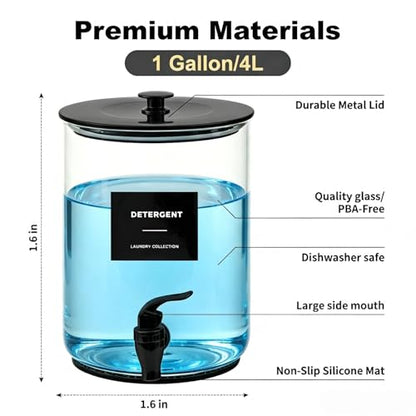Glass Laundry Detergent Dispenser,1 Gallon Large Liquid Soap,2 Pack(Black) | Complete borosilicate jars set with leakproof spigots, protective silicone mats, minimalist labels, and dosing cups. - color: Black