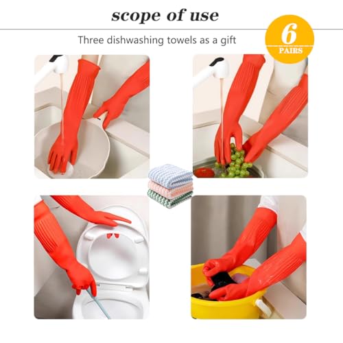 6-Pair 17.8-Inch Elbow - Length Reusable Rubber Waterproof Household Cleaning and Kitchen Dishwashing Gloves - size: Small