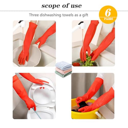 6-Pair 17.8-Inch Elbow - Length Reusable Rubber Waterproof Household Cleaning and Kitchen Dishwashing Gloves - size: Large