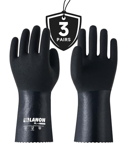 LANON 3 Pairs Nitrile Chemical Resistant Gloves, Reusable Heavy-Duty Rubber Gloves with MicroFoam Textured Palm, Acid, Alkali and Oil Protection, Black, Large - size: Large (Pack of 3)