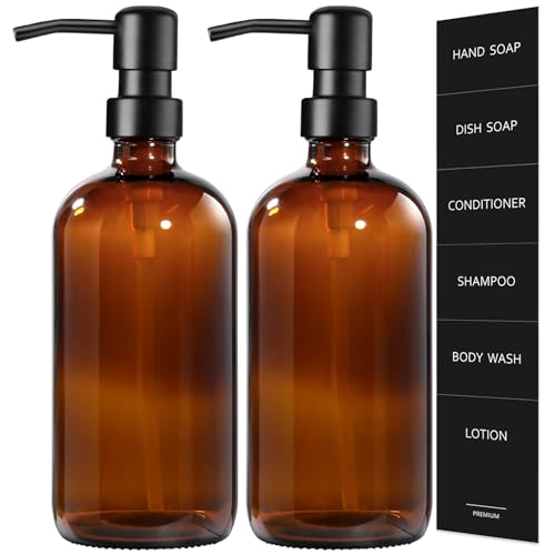 GMISUN Amber Glass Soap Dispenser, 2 Pack Bathroom Hand Soap Dispensers with Stainless Steel Pump, 17 Fl Oz Kitchen Hand and Dish Soap Dispenser Set, Modern Vintage Liquid Brown Soap Dispensers Bottle - color: Amber Bottle + Black Pump