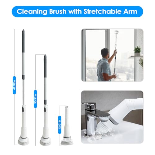 TeqHome Electric Spin Scrubber, Cordless Power Shower Cleaning Brush with 6 Replaceable Brush Heads, 2 Adjustable Speeds,Adjustable & Detachable Extension Long Handle for Bathroom Floor Tile Tub Basin