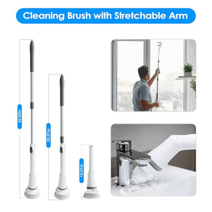 TeqHome Electric Spin Scrubber, Cordless Power Shower Cleaning Brush with 6 Replaceable Brush Heads, 2 Adjustable Speeds,Adjustable & Detachable Extension Long Handle for Bathroom Floor Tile Tub Basin