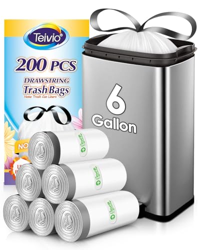 Teivio 6 Gallon 200pcs Strong Drawstring Trash Bags Garbage Bags, Bathroom Trash Can Bin Liners, Plastic Bags for home kitchen office, White - style: 200-6Gallon-White