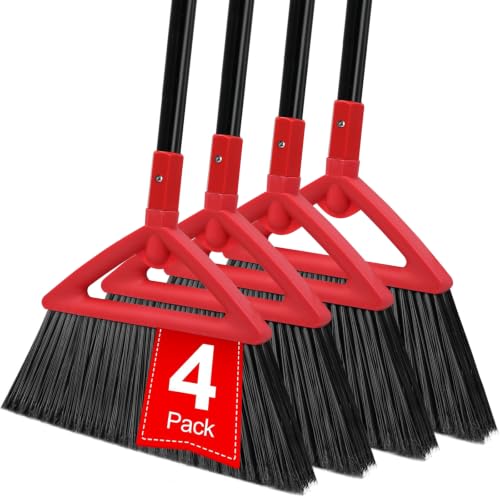 Heavy Duty Angle Broom 4 Pack - Red Broom for Outdoor & Indoor, Garage, Driveway, Sidewalk, Kitchen & More, Long Handle - color: 4pack Red