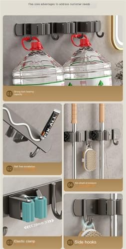 Broom Holder，Stainless Steel Mop Holder, No Drilling, Cleaning Supplies Organizer，Versatile Mop Hook, Wall Mounted Bathroom Broom Storage Clip,Laundry Room Organization，Home Improvement.(Black,5 clips