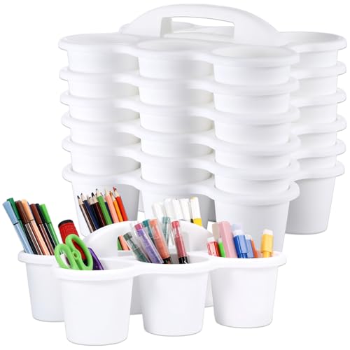 6 Pack Classroom Caddy with Handle Plastic Storage Caddy Organizer with 6 Compartments Drink Cup Caddies Holder Portable Storage Bin for Pencil, Crayon, Marker, Home, Office, School Supplies(White) - color: White