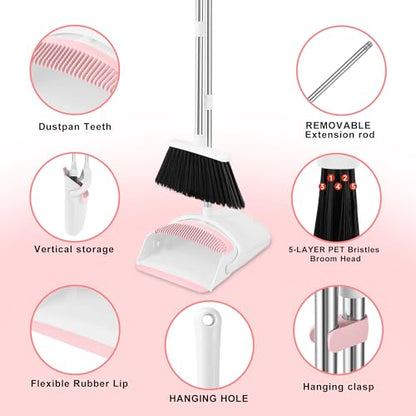 Broom with Dustpan Combo Set for Home, 52-in Long Adjustable Handle Angle Broom and Dustpan Set with Dustpan Comb Teeth for Sweeping Pet Hair Food Dirt Kitchen (White-Pink) - color: White-pink