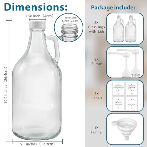 2 Pcs Glass Liquid Laundry Detergent Dispenser with Pump (Upgraded), 64 oz Dispenser for Laundry Room, Half Gallon Glass Jugs with Airtight Lid