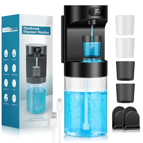 Automatic Mouthwash Dispenser for Bathroom,20.29 oz Touchless Electric Mouth Wash Dispensers Bathroom Accessories Set with 4 Magnetic Cups,4 Modes Wall Mounted Mouth Wash Dispenser for Home - color: Black