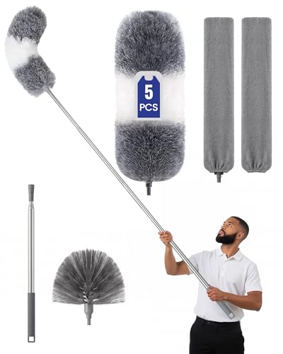 Extra-Long Dusters Kits with Extension Pole, 5 in 1 Cleaning Tools with Extendable Long Handle, Cobweb Duster, Microfiber Dusting Clothes for Gap, High Ceilings and Fans, Blinds, Cars and Furniture