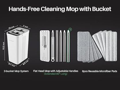 JOYMOOP Flat Mop System, Microfiber Mop and Bucket Set, White, Household & Commercial Floor Cleaning Mop with Long Handle, Wet Dry Use, Includes 8 Mop Pads - color: White Standard2481