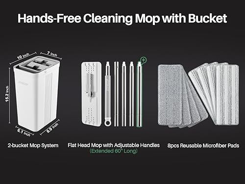 JOYMOOP Flat Mop System, Microfiber Mop and Bucket Set, White, Household & Commercial Floor Cleaning Mop with Long Handle, Wet Dry Use, Includes 8 Mop Pads - color: White Standard2481