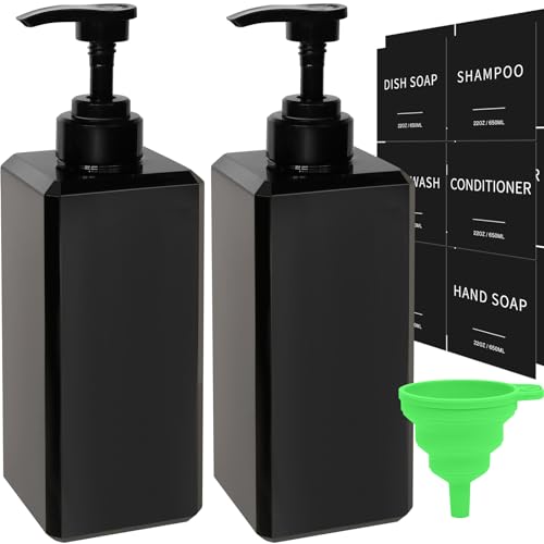 Black Soap Dispenser with Waterproof Labels, Thickened Plastic Hand Soap Dispenser for Bathroom, Kitchen Dish Washing Liquid Bottles, Shampoo and Conditioner Bottles with Funnel (22oz 2Pack Black) - color: 22oz 2 Pack Black