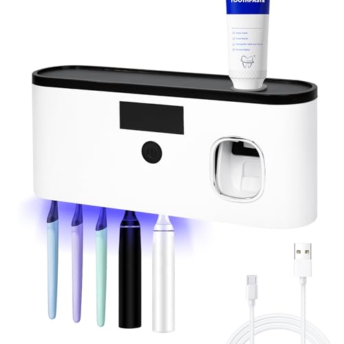 Punch-Free Wall Mounted Bathroom Toothbrush Holder, 5 Toothbrush Slots, Bathroom Toothbrush Sterilizer with Toothpaste Dispenser USB Charging Toothbrush Holder (White) - color: White