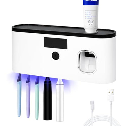 Punch-Free Wall Mounted Bathroom Toothbrush Holder, 5 Toothbrush Slots, Bathroom Toothbrush Sterilizer with Toothpaste Dispenser USB Charging Toothbrush Holder (White) - color: White