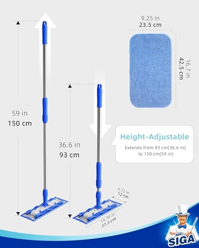 MR.SIGA Professional Microfiber Mop for Hardwood, Laminate, Tile Floor Cleaning, Stainless Steel Telescopic Handle - 3 Reusable Flat Mop Refills and 1 Dirt Removal Scrubber Included - color: Blue