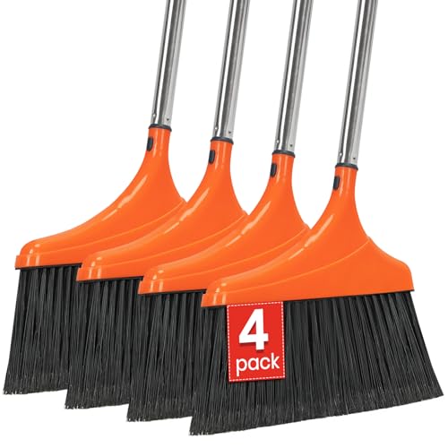 4 Pack Heavy-Duty Angle Broom for Floor Cleaning with 52" Long Handle Stiff Bristle Angle Commercial and Industrial Broom, Indoor Outdoor Broom for Garage Kitchen Office Lobby Patio - size: 4 Pack