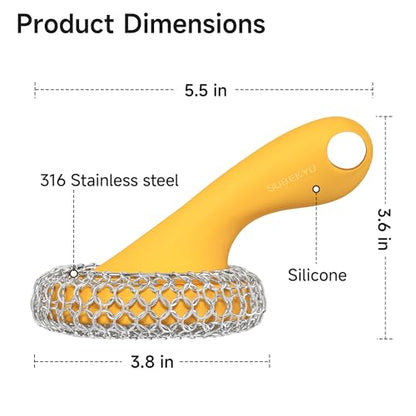 SUBEKYU Cast Iron Scrubber with Silicone Handle, Stainless Steel Skillet Cleaner for Cast Iron Pans (Yellow) - color: Yellow