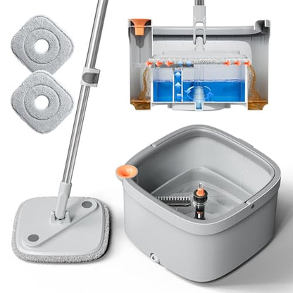 Spin Mop and Bucket Set with Self Separation Dirty and Clean Water System, Self Wringing 360° Rotating Square Mop Head for Home Floors Cleaning (1.0 Mop and Bucket Set (2 Pads)) - size: 1.0 Mop and Bucket Set (2 pads)