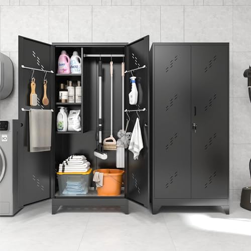 75" Metal Storage Cabinet with Lockable Doors, Functional Garage Storage Cabinets, Heavy-Duty Tool Organization Cabinet with Hanging Rod & S-Hooks (75" Utility Closet) - size: 75" Garage Cabinets