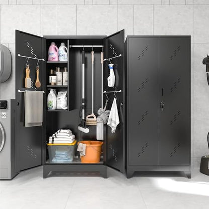 75" Metal Storage Cabinet with Lockable Doors, Functional Garage Storage Cabinets, Heavy-Duty Tool Organization Cabinet with Hanging Rod & S-Hooks (75" Utility Closet) - size: 75" Garage Cabinets