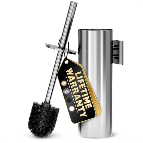 Silver Modern Toilet Brush and Holder Set with Wall Mount - Stainless Steel Toilet Brush with Holder - Removable Inner Bowl, Shiny Design, Splash Protection & Dense Bristles for Bathroom Cleaning - color: Silver Wall-mounted