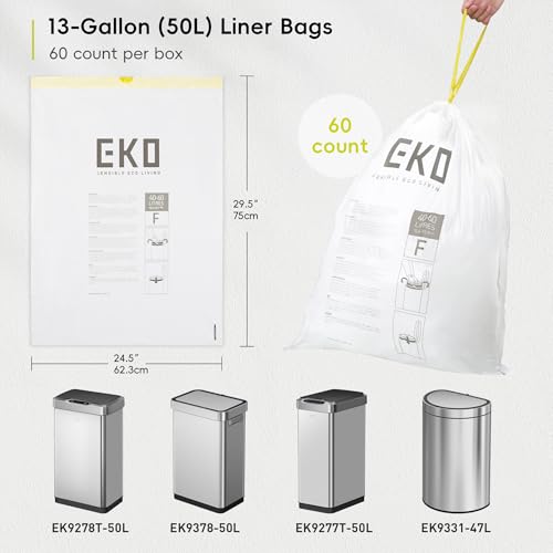 EKO 13 Gallon / 40-60 Liter, 60 Count Drawstring Trash Bags, Extra-Strong Unscented Garbage Bags, Easy-Dispense Roll for Kitchen & Household Use, Leak-Resistant, Code F, White - size: 60 Count (Pack of 1), style: 13 Gallon Bags/Code F