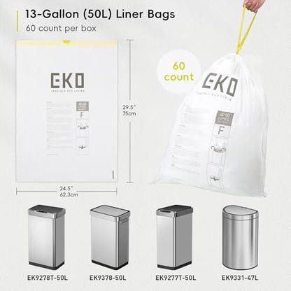 EKO 13 Gallon / 40-60 Liter, 60 Count Drawstring Trash Bags, Extra-Strong Unscented Garbage Bags, Easy-Dispense Roll for Kitchen & Household Use, Leak-Resistant, Code F, White - size: 60 Count (Pack of 1), style: 13 Gallon Bags/Code F