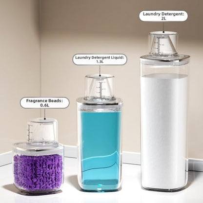 Transparent sealed laundry detergent canister with reflow design and graduated markings, constructed from PET material for organized and mess storage of laundry additives (1.3L) - size: 1.3L