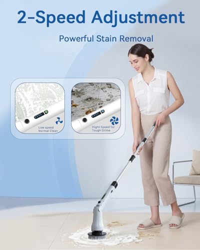 Electric Spin Scrubber, Hillyfe Bathroom Scrubber Electric with 7 Replaceable Brush Heads, IPX7 Waterproof,300/400 RPM, 3 Adjustable Length,Scrubber Brush Electric for Bathtub Floor,White - color: White