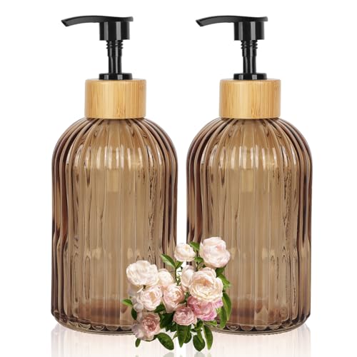 Amber Glass Soap Dispenser with Pump, 2 Pack 13.5oz Vertical Stripe Design Hand Soap Dispenser for Hand Wash, Dish Wash, Elegant Dispenser for Bathroom and Kitchen - color: Striped Amber