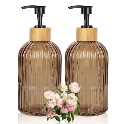 Amber Glass Soap Dispenser with Pump, 2 Pack 13.5oz Vertical Stripe Design Hand Soap Dispenser for Hand Wash, Dish Wash, Elegant Dispenser for Bathroom and Kitchen - color: Striped Amber