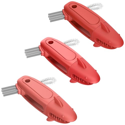 TQRR SharkBrush-3 in 1 Cup Lid Gap Cleaning Brush Set, 3Pcs Bottle Gap Cleaner Brush, Silicone Cup Lid Brush, Multifunctional Bottle Brush, Cleaning Tools for Home Kitchen Office (Blue) (3, Red)