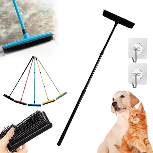 Three-Section Telescopic Pole Carpet Delinting Broom, Pet Hair Removal Broom, Multi-Surface Squeegee Rubber Broom, Extendable Rubber Broom Pet Hair Remover for Carpet Couch (Black) - color: Black
