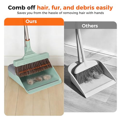 Broom and Dustpan Set with Adjustable Handle, Upright Design, Built-in Comb Teeth, Mint Green, for Home Office Hardwood Floors Pet Hair (Green/Gray) - color: Green/Gray