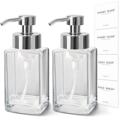 Foaming Soap Dispenser, 12oz/350ml Glass Hand Soap Dispenser Set, Refillable Foam Dispenser with Foaming Pump, Labels, Square Hand Dispenser for Bathroom, Kitchen 2 Pack - color: Clear Bottle+silver Pump