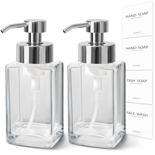 Foaming Soap Dispenser, 12oz/350ml Glass Hand Soap Dispenser Set, Refillable Foam Dispenser with Foaming Pump, Labels, Square Hand Dispenser for Bathroom, Kitchen 2 Pack - color: Clear Bottle+silver Pump