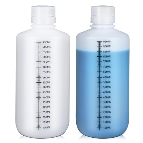 32oz/1000ml Narrow Mouth Plastic Bottles with Caps, HDPE Laboratory Grade Graduated Liquid Containers for Reagent Sample Medicine Water Storage (Translucent, 2 Pcs) - size: 32 oz