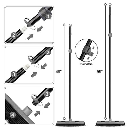 Pet Hair Removal Rubber Broom with Squeegee, Carpet Rake for Pet Hair with 59" Telescoping Long Handle, Fur Remover Rake for Carpet, Hardwood Floor, Tile - color: Gray Rubber Broom