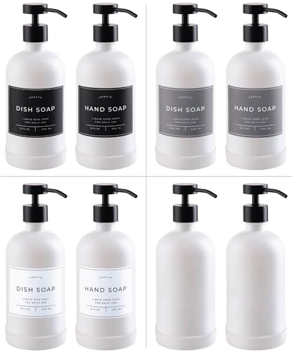 Hand and Dish Soap Dispenser for Kitchen and Bathroom, Set of 2 16 Oz Glass Bottles, Stainless Steel Pumps, Non-Slip Silicone Base, 27 Waterproof Labels (Matte White Bottle/Black Pump) - color: Matte White Bottle / Black Pump