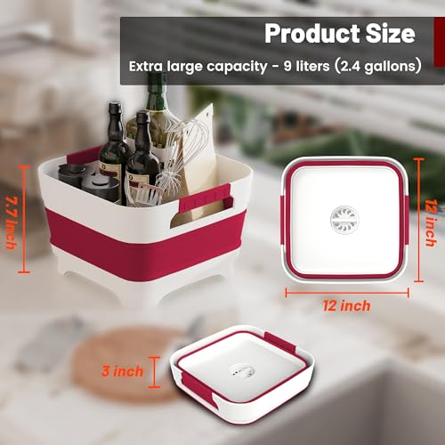 2.4 Gal Collapsbile Wash Basin with Drian Plug,9L Dish Pan for Soaking Baby Bottles,Portable Sink, Multiuse Foldable Bucket,Ice Beverage Tubs for Camping, Vegetable Washing, RV (Viva Magenta) - color: Viva Magenta
