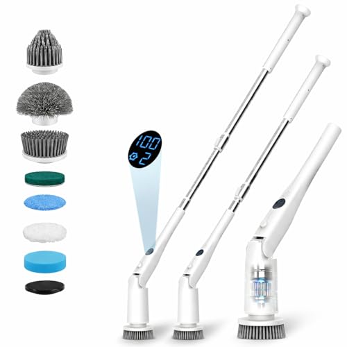 Electric Spin Scrubber, 45LBS High Torque Deep Cleaning Scrubber, Cordless Cleaning Brush with Adjustable Handle & 7 Replaceable Heads, Heavy-Duty Bathroom Scrubber for Bathroom Cleaning (White)