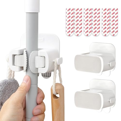 TAILI Mop and Broom Holder Wall Mount Grippers, 3 Hangers and 8 Adhesive Strips, Damage Free Hanging Wall Mount, Household Cleaning Organizer for Organization and Storage, Holds up to 4 lbs, White - color: White, size: 3 Pack