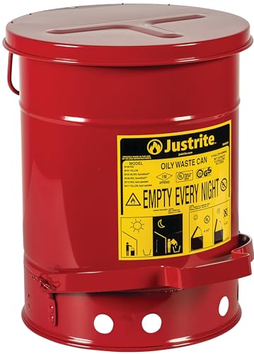 Justrite 6 Gallon Galvanized Steel Oily Waste Can, 16" x 12" Metal Oil Rag Safety Can With Foot Operated Self-Closing Lid for Oil Rag Disposal, Made in the USA, Red, 09100 - color: Red, size: 6 Gallon, style: Foot-Operated Lid