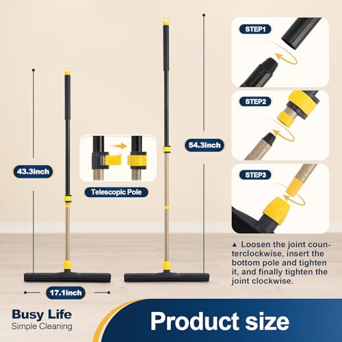 Yocada Floor Squeegee Scrubber Adjustable Telescopic Pole Heavy Duty Household Broom EVA Foam Blade for Garage Courtyard Shower Bathroom Floor Marble Glass Tile Water Foam Cleaning - size: 1 Count (Pack of 1)